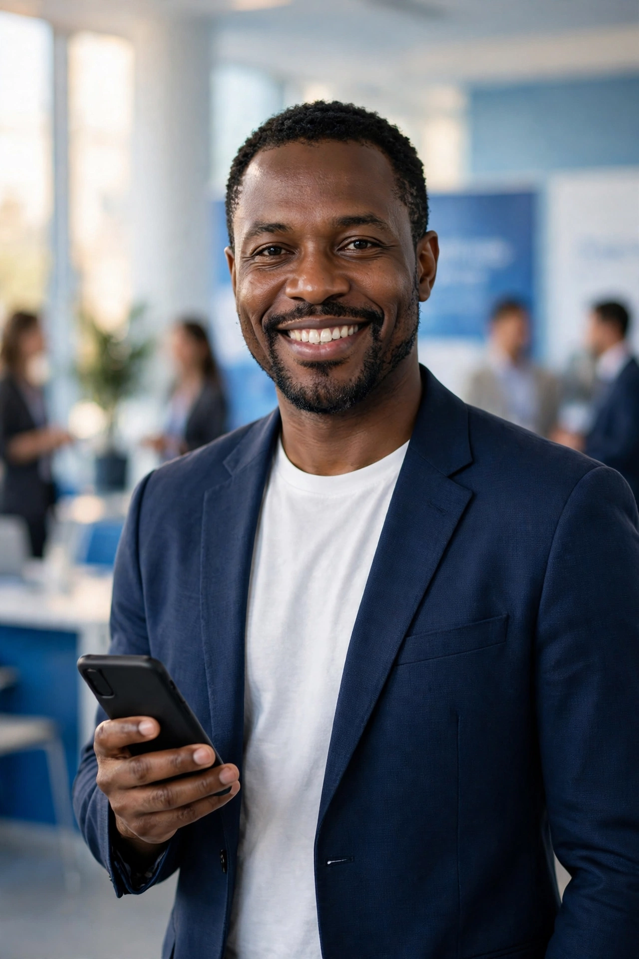 A speaker and MainPost member at a conference, phone in hand